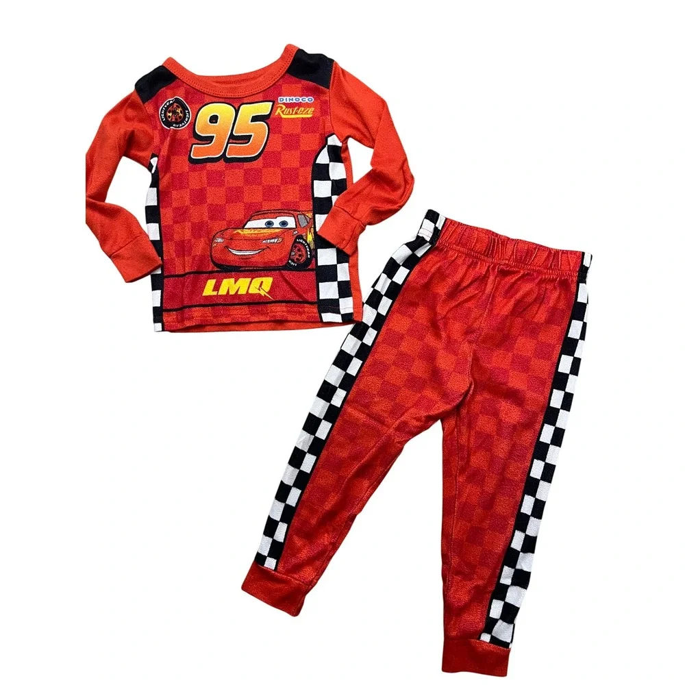 VTG Disney Pixar Pajama Set Toddler 3T Red Lightning McQueen 95 Racing Checkered
